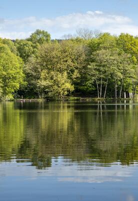 Lodge reflections across Pearl Lake